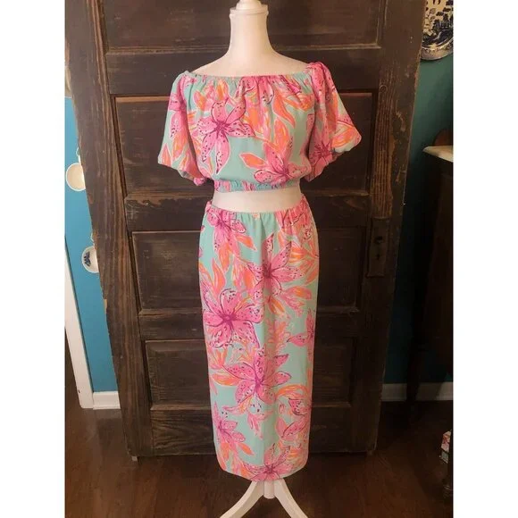 NWT Lilly Pulitzer Esmeray Midi 2PC Set Puff Sleeve Surf Blue Bonita Blooms Sz L - Picture 7 of 16